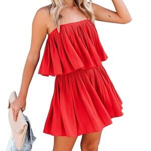 EXLURA Women's Red Spaghetti Strap Pleated romper Size Large